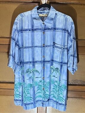 Tommy Bahama Blue Plaid Short-Sleeve Shirt Jacket with Tropical Border